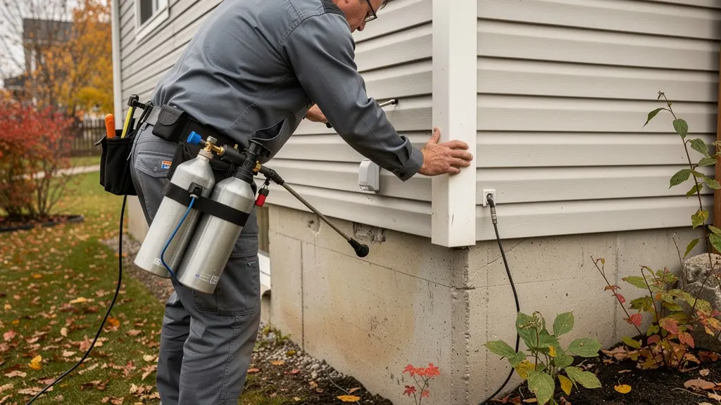 Technicien exterminateur certifié inspectant l'extérieur d'une maison résidentielle à Terrebonne