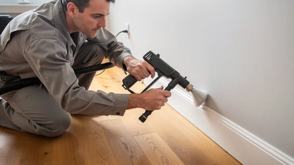 Technicien exterminateur appliquant un traitement professionnel le long d'une plinthe